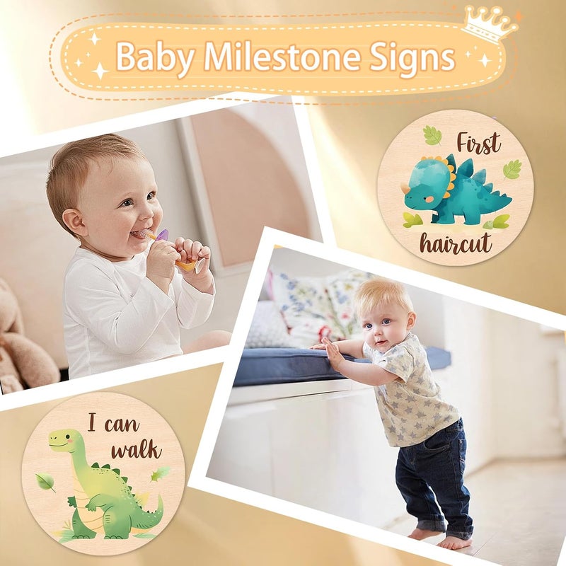 MCIAONE Baby Monthly Milestone Cards Sign - 13Pcs Double Sided Dinosaur Milestone Cards, Dino Pattern Wooden Circles Discs for Photo Props Newborn Announcement Marker, Baby Shower Newborn Sign Card Gift Set - Image 2